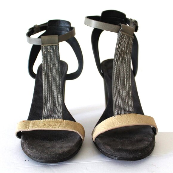 Brunello Cucinelli Monili T-Strap Leather Sandal Block Heel / Size 37 / Grey - Picture 3 of 11